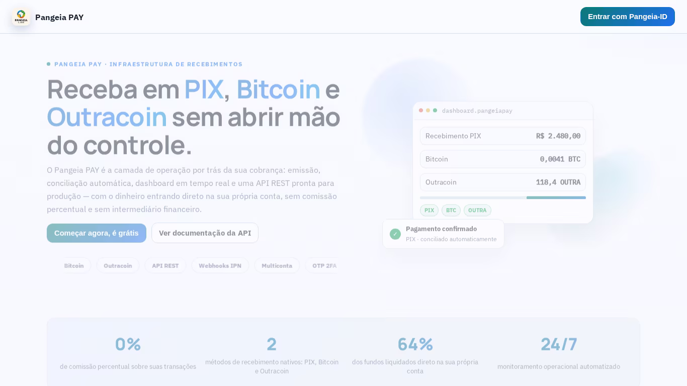 Preview do site Pangeia PAY (Receba pix e cripto em seu site/app sem tarifas!)