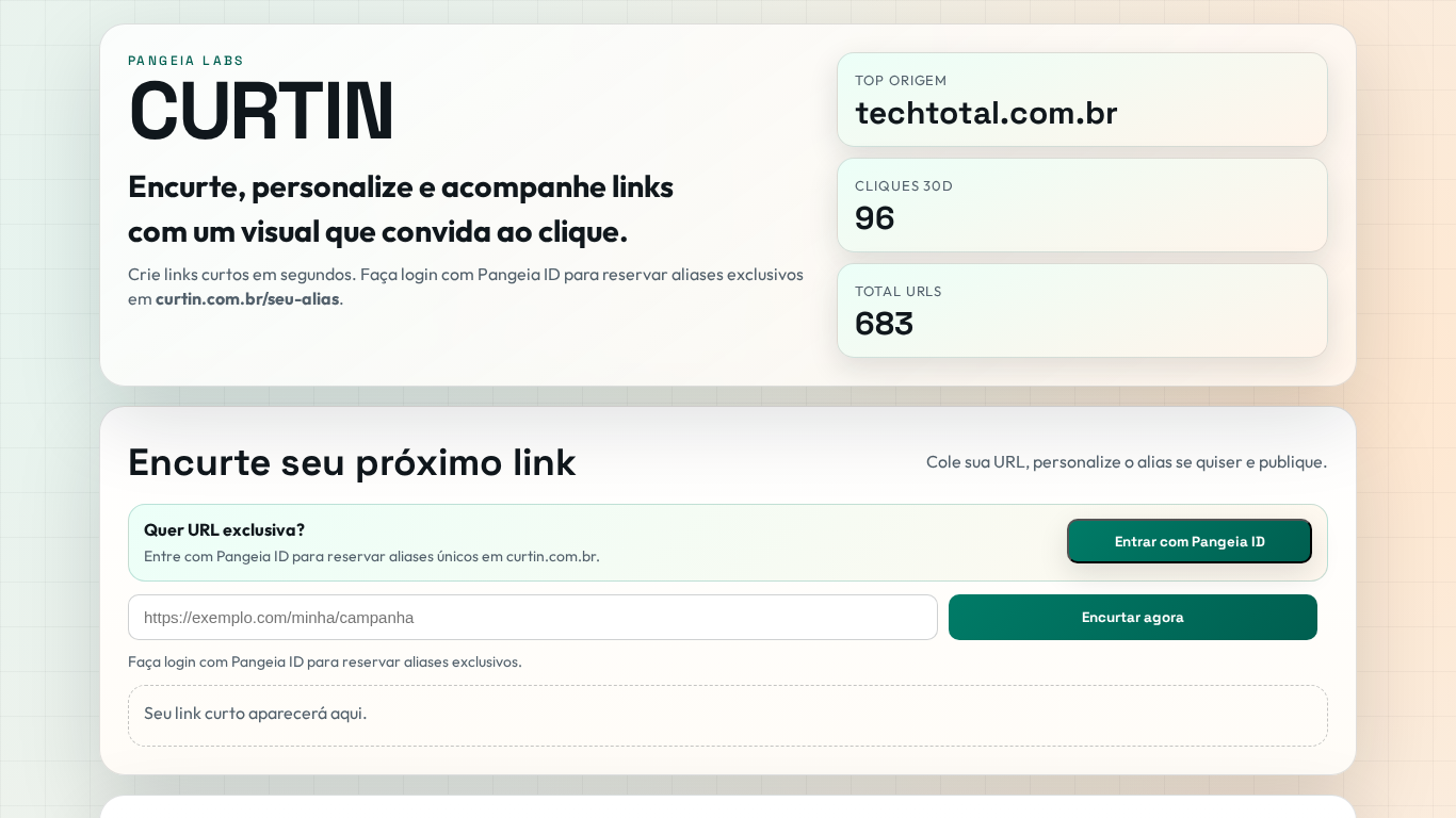 Preview do site Curtin (Encurtador brasileiro de links, livre de publicidade)