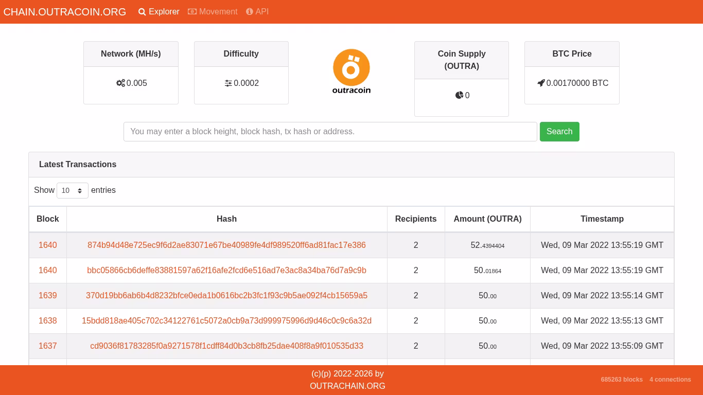 Preview do site Outracoin Blockchain Explorer