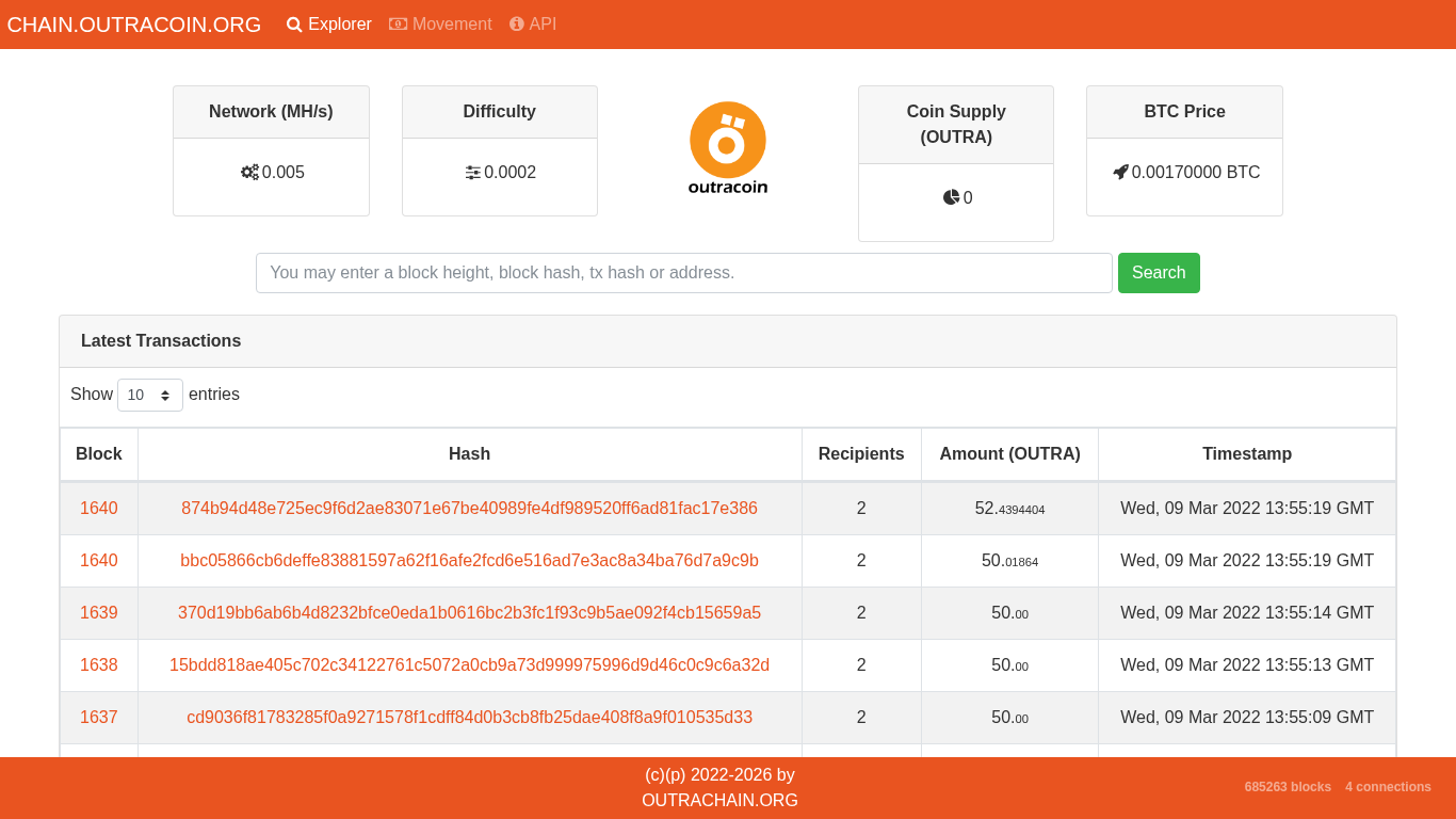 Preview do site Outracoin Blockchain Explorer