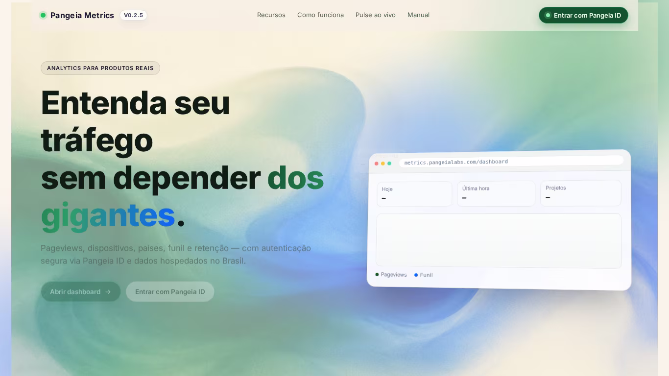 Preview do site Pangeia METRICS (Alternativa brasileira ao Google Analytics)