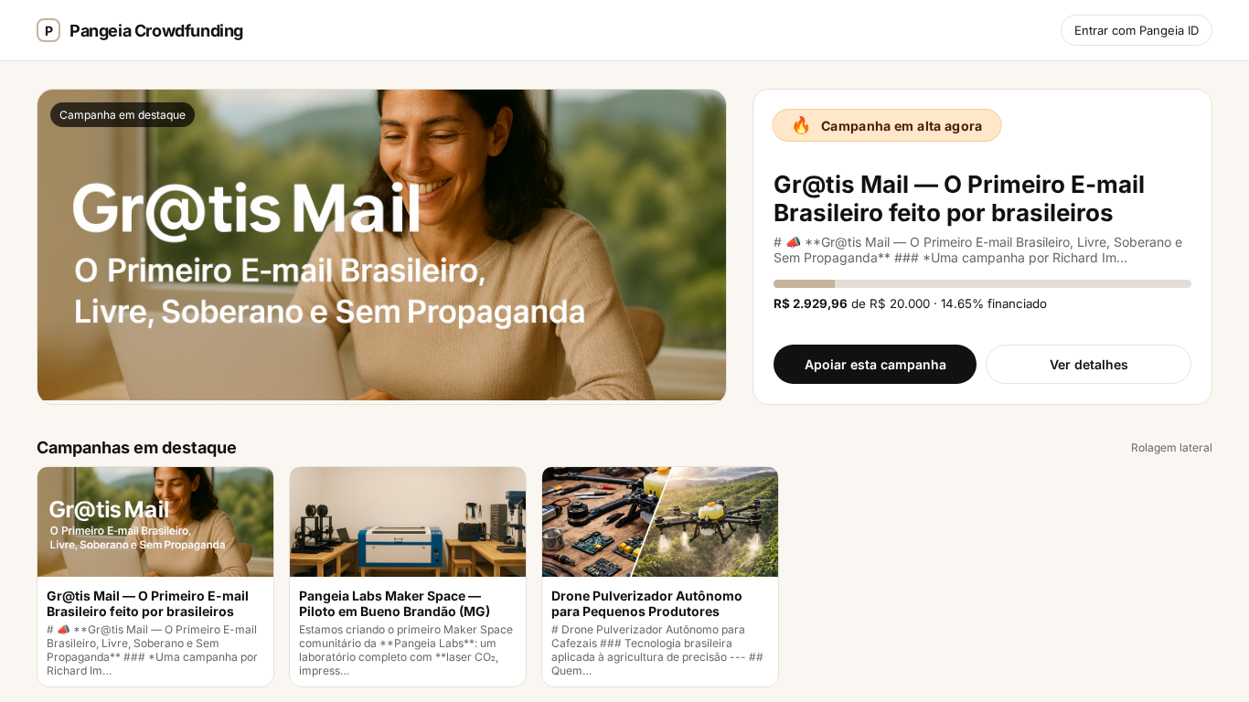 Preview do site Pangeia FUNDING (Plataforma brasileira de financiamento coletivo)