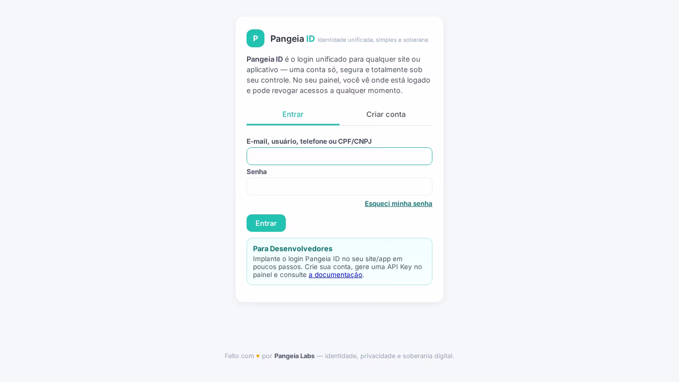Preview do site Pangeia ID (Alternativa brasileira ao login unificado promovido por Google, Facebook, Microsoft etc)