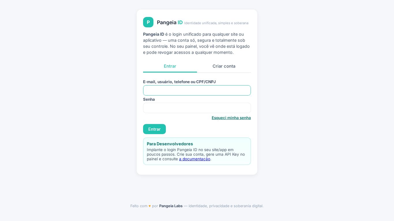 Preview do site Pangeia ID (Alternativa brasileira ao login unificado promovido por Google, Facebook, Microsoft etc)