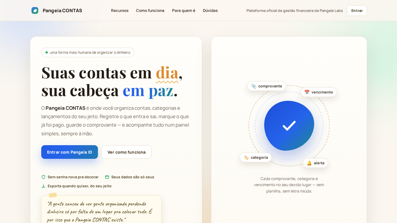 Preview do site Pangeia CONTAS (Solução brasileira gratuita para controle simplificado de finanças)