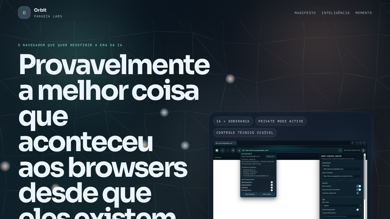 Preview do site Pangeia ORBIT (Alternativa brasileira aos navegadores Chrome, Firefox e outros)