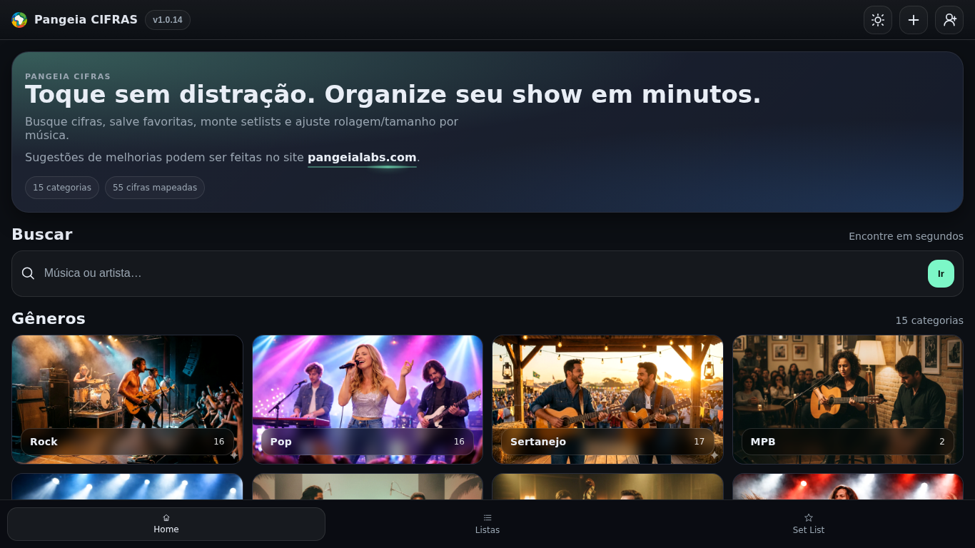 Preview do site Pangeia CIFRAS (Aplicativo brasileiro de cifras/tablaturas, livre de publicidade)