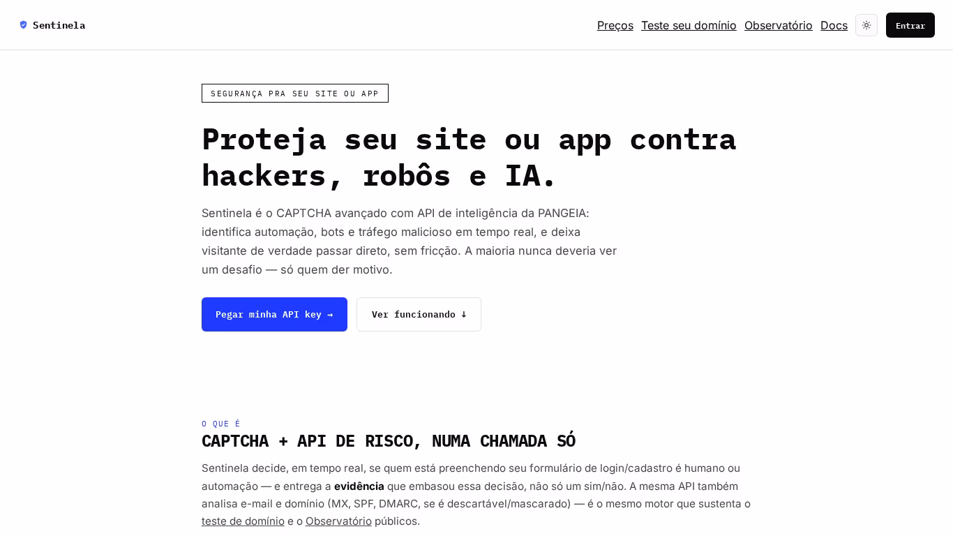 Preview do site Sentinela (CAPTCHA Inteligente + API de Segurança)