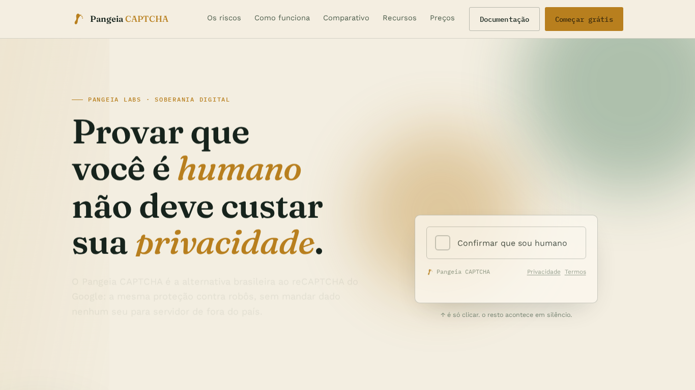 Preview do site Pangeia CAPTCHA (Alternativa brasileira ao Google reCAPTCHA)